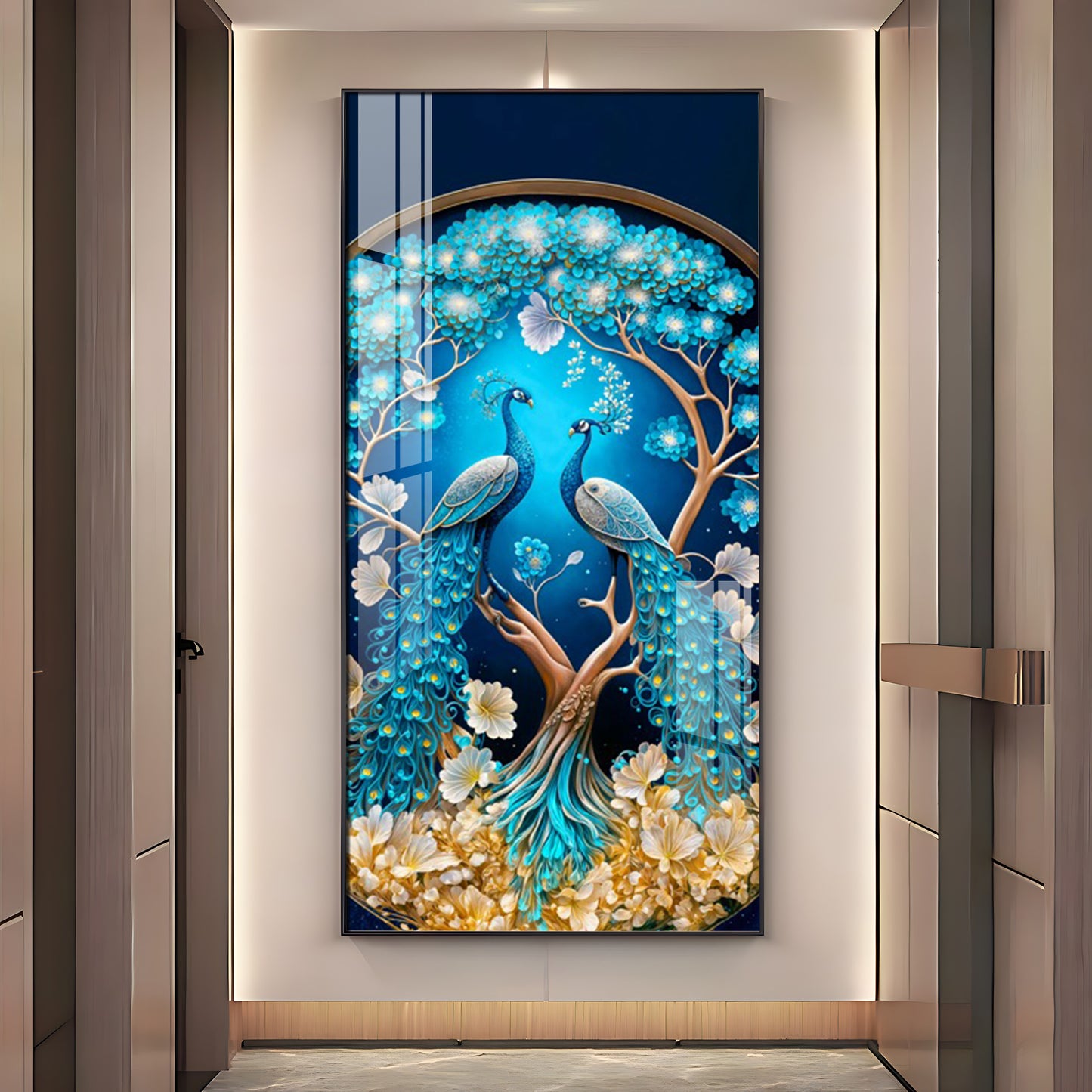 Peacock On Tree Branch Glass Finish Vertical Wall Art
