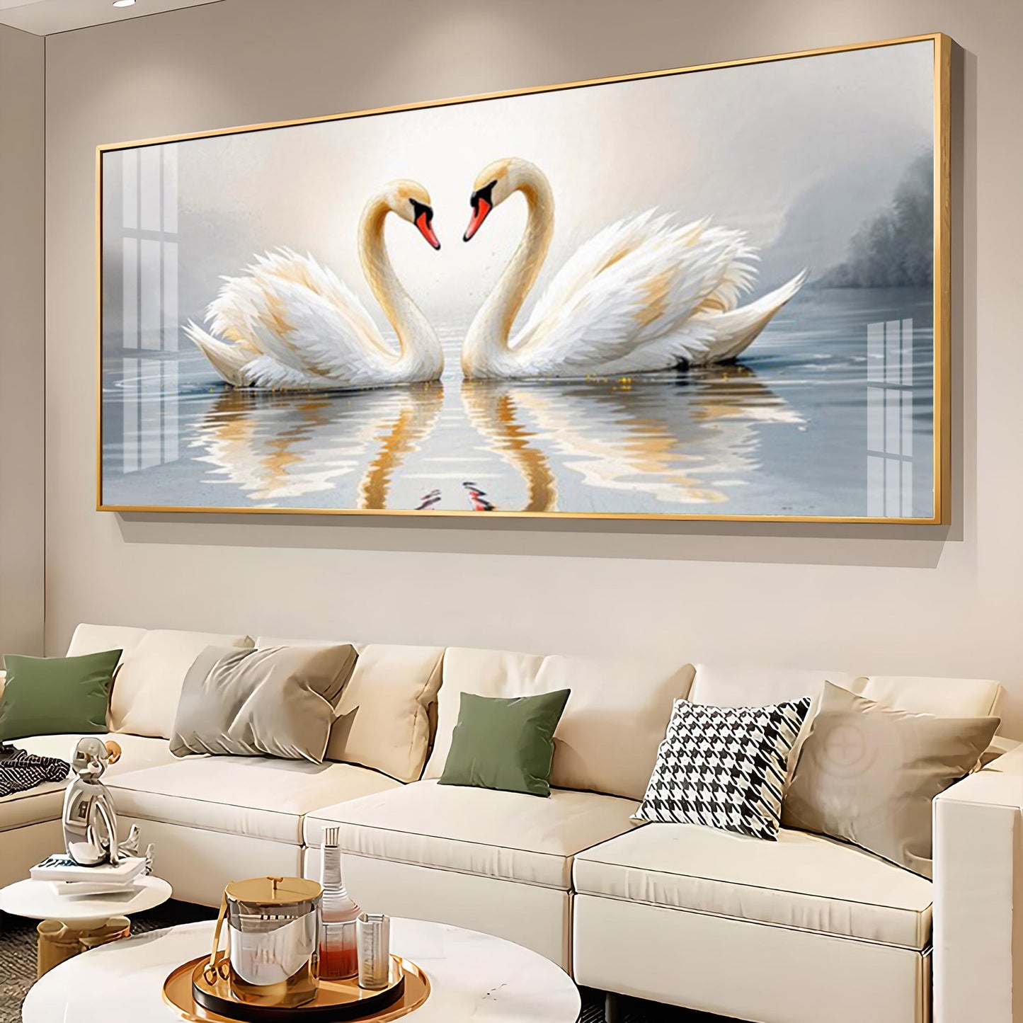 Two White Swan Glass Finish Horizontal Wall Art