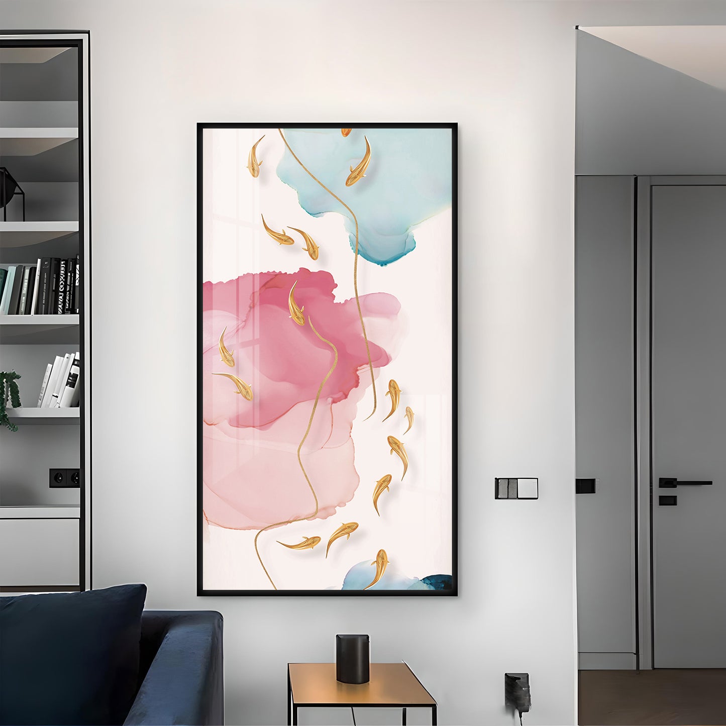 Pink and Blue Floral Glass Finish Vertical Wall Art