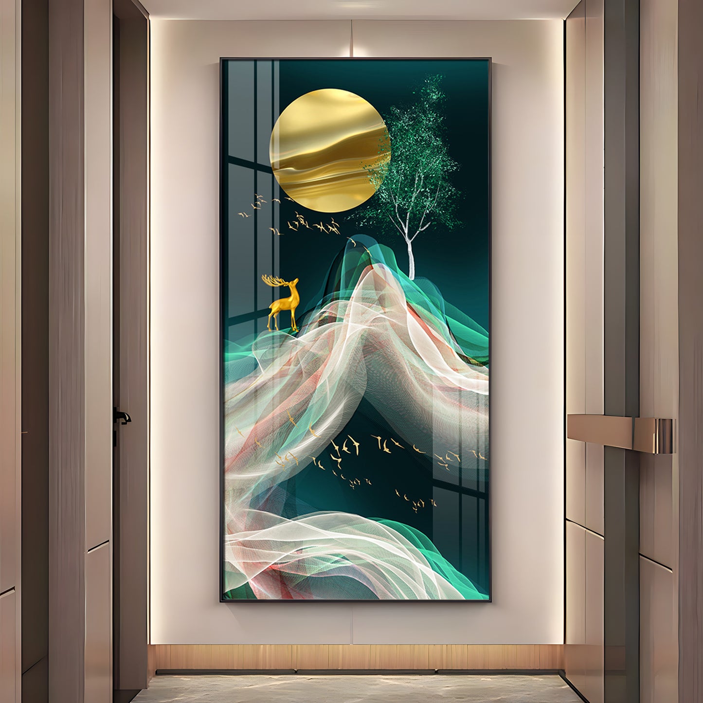 Deer with Golden Moon Glass Finish Vertical Wall Art