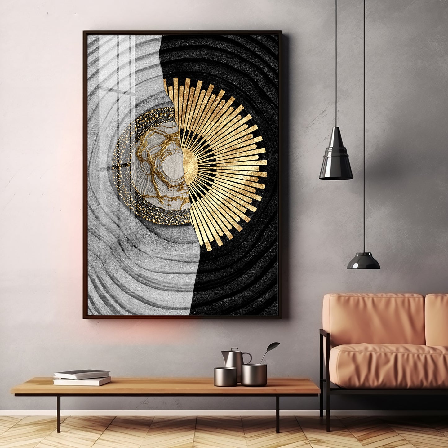 Golden Elegance Glass Finish Vertical Wall Art
