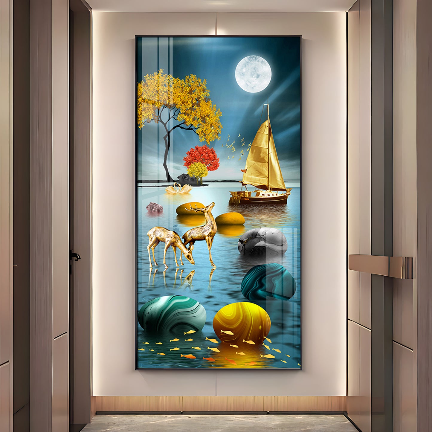 Boat and Deer Glass Finish Vertical Wall Art