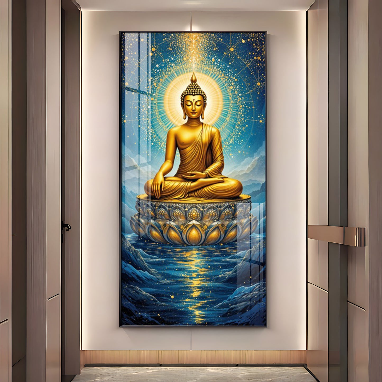 Calm Buddha In River Glass Finish Vertical Wall Art