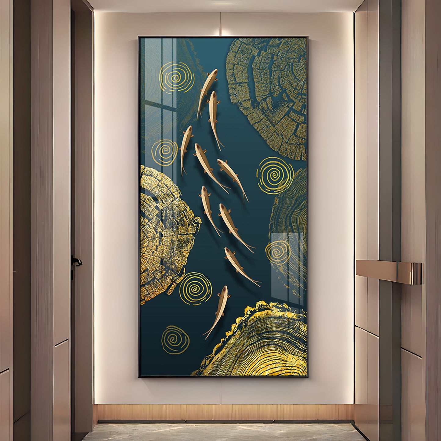 Green Koi Fishes Glass Finish Vertical Wall Art