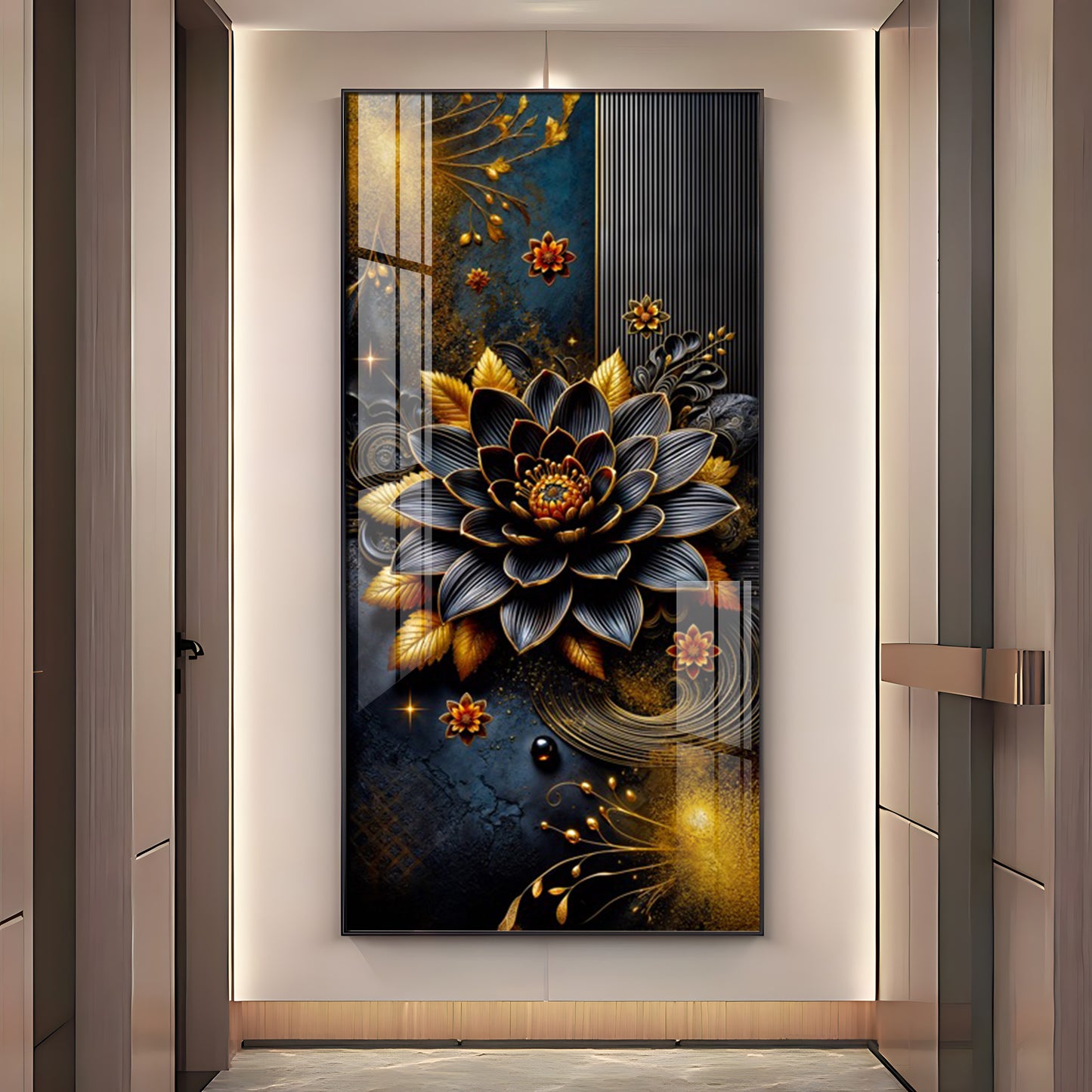 Surreal Black Flower Glass Finish Vertical Wall Art