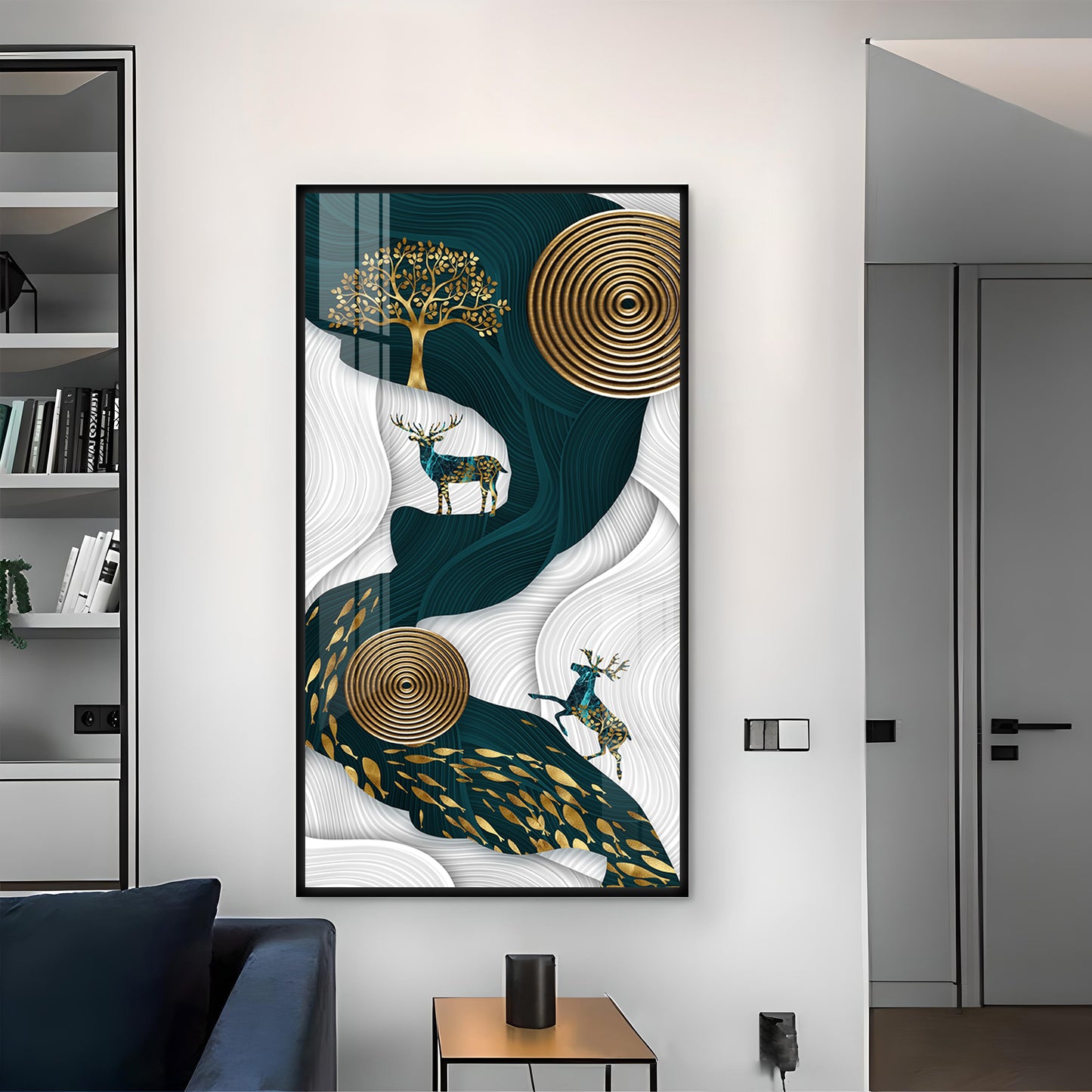 Deer and Tree Glass Finish Vertical Wall Art