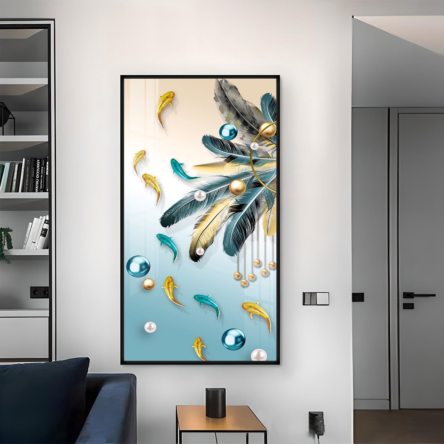 Majestic Blue-Gold Bird Glass Finish Vertical Wall Art
