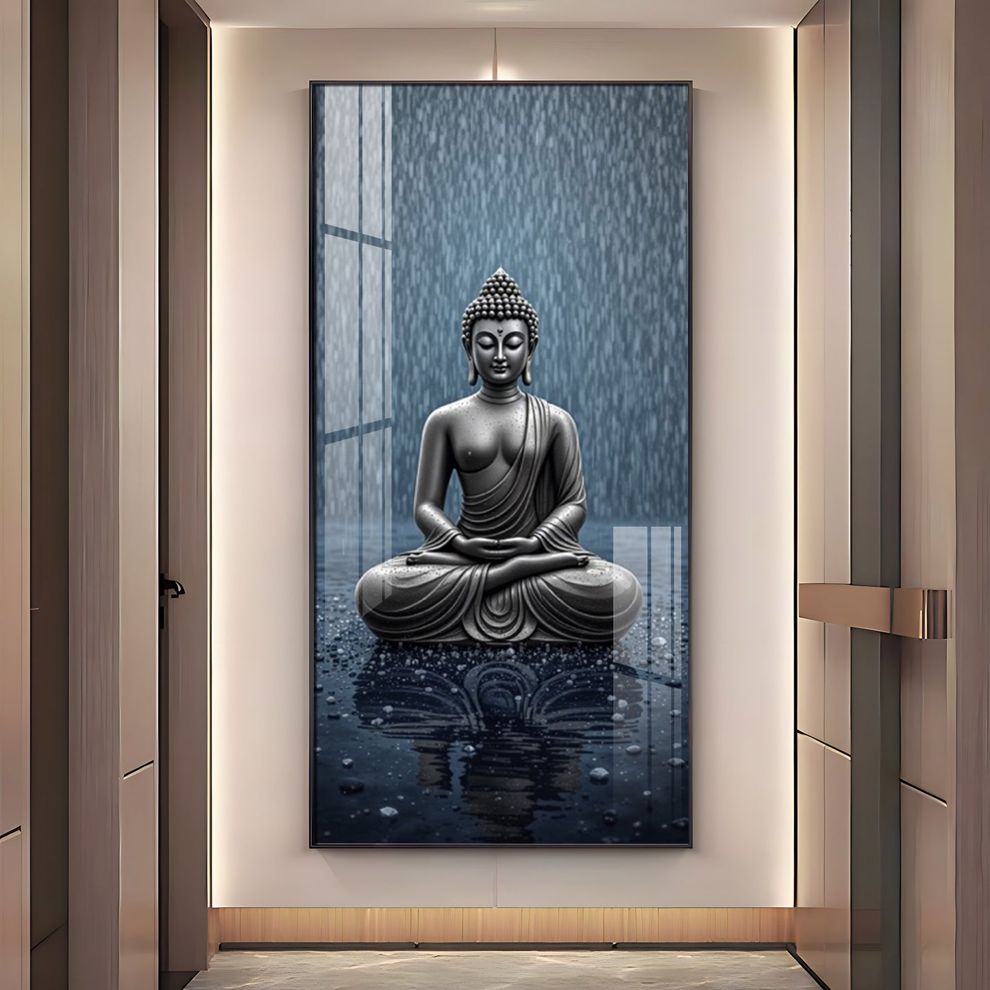 Sacred Budha Meditation Glass Finish Vertical Wall Art
