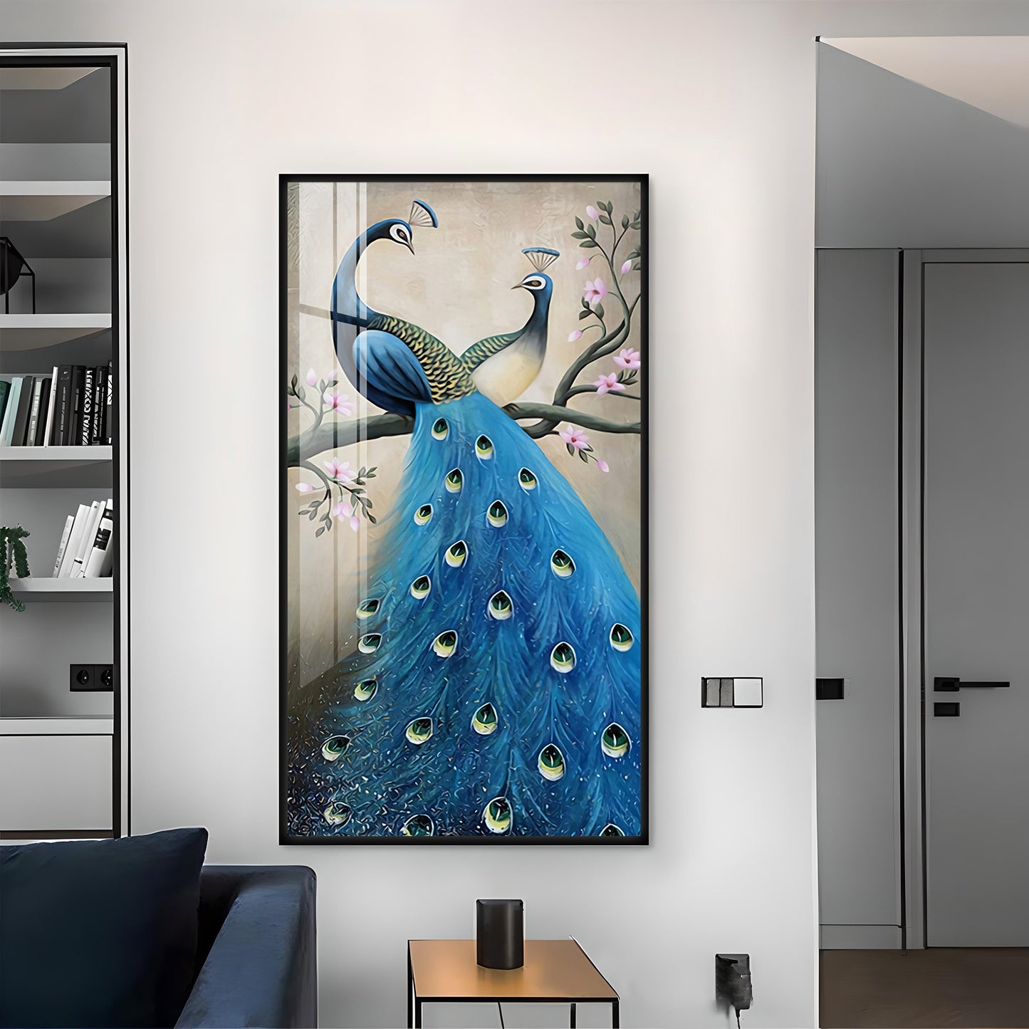 Dual Peacock Serenity Glass Finish Vertical Wall Art
