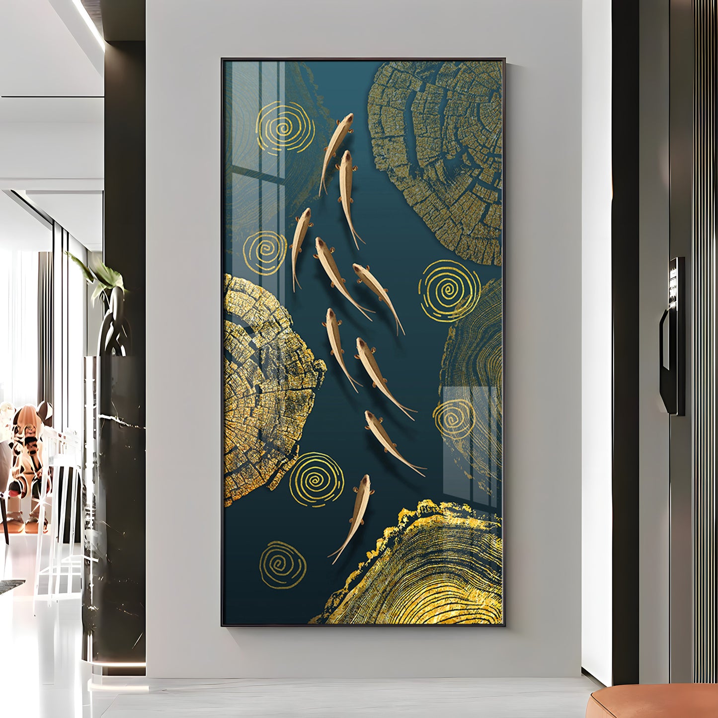 Green Koi Fishes Glass Finish Vertical Wall Art