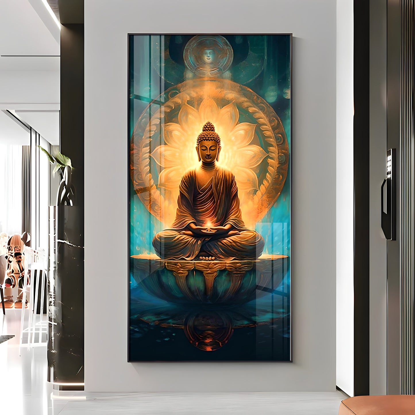 Buddha's Peaceful Retreat Glass Finish Vertical Wall Art