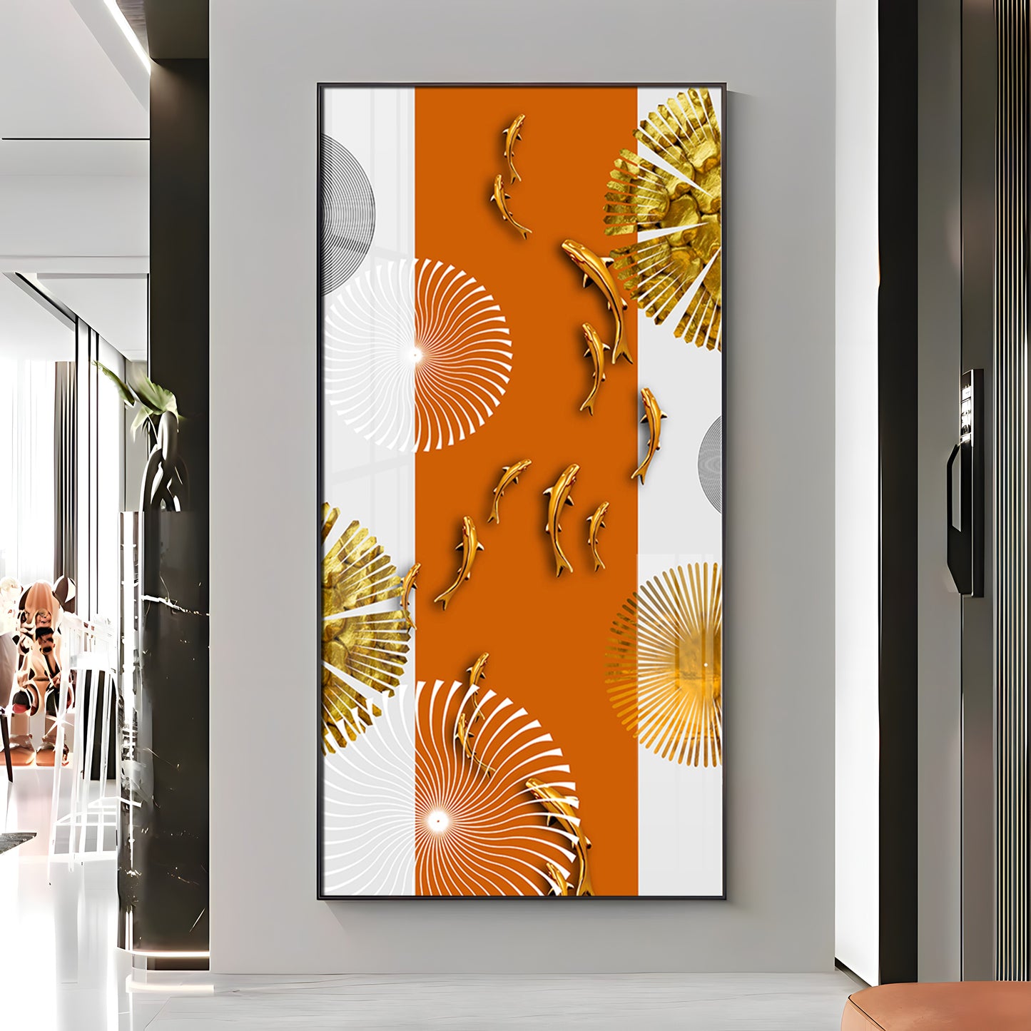 Orange And White Elegance Glass Finish Vertical Wall Art