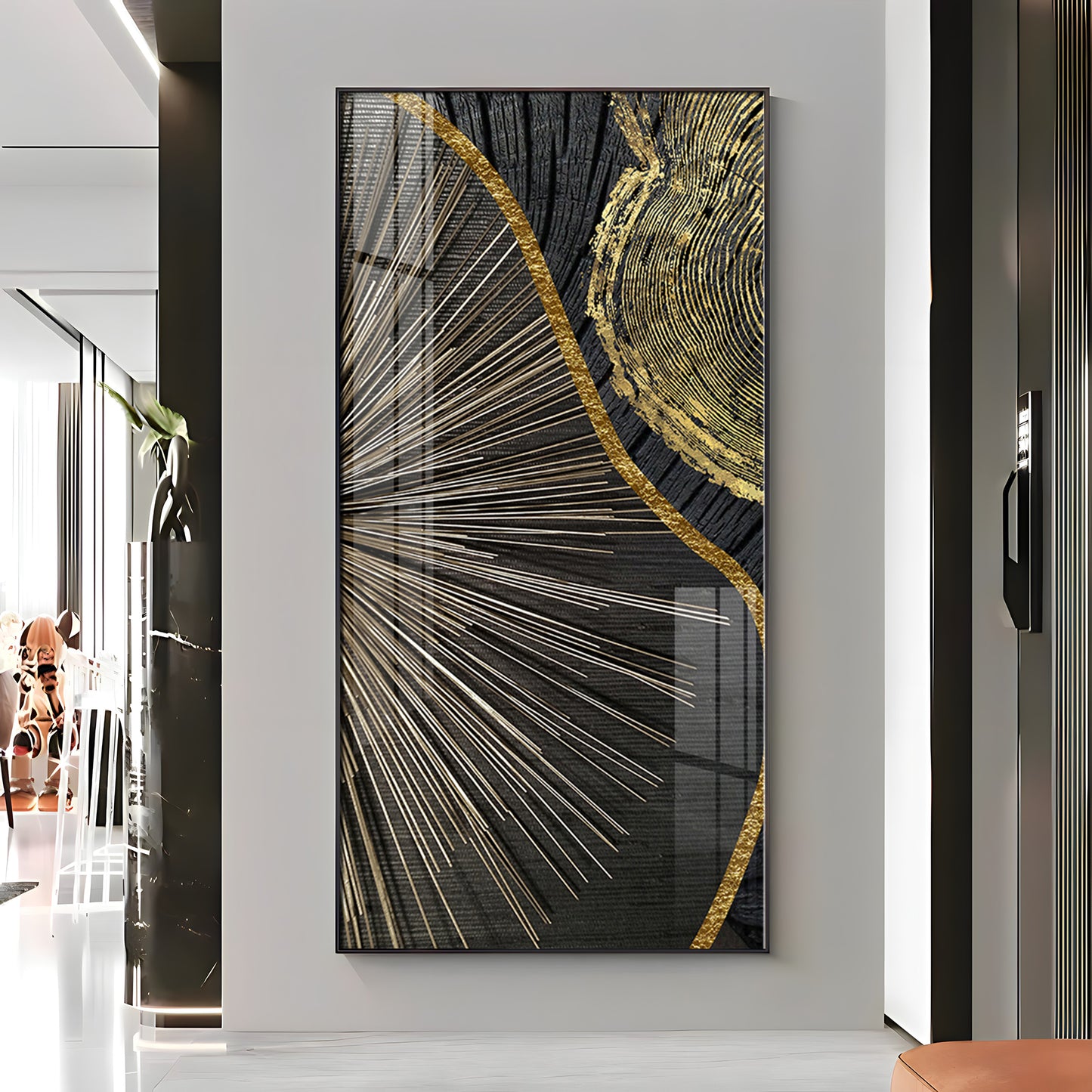 Golden Abyss Glass Finish Vertical Wall Art