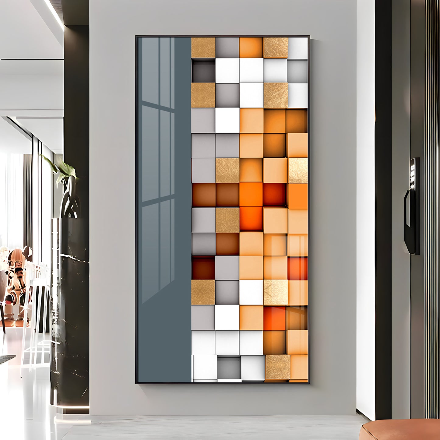 Multiple Abstract Blocks Glass Finish Vertical Wall Art