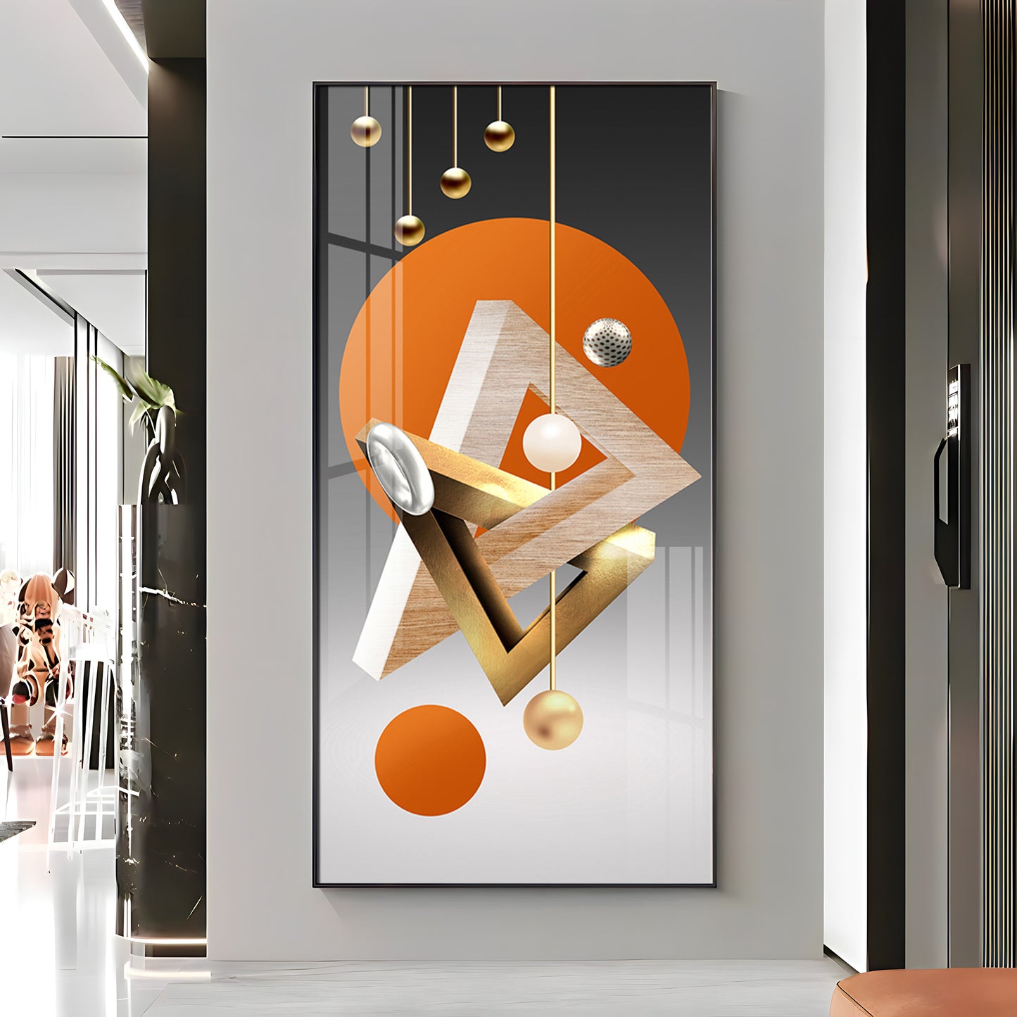 Triangular Geometry Glass Finish Vertical Wall Art