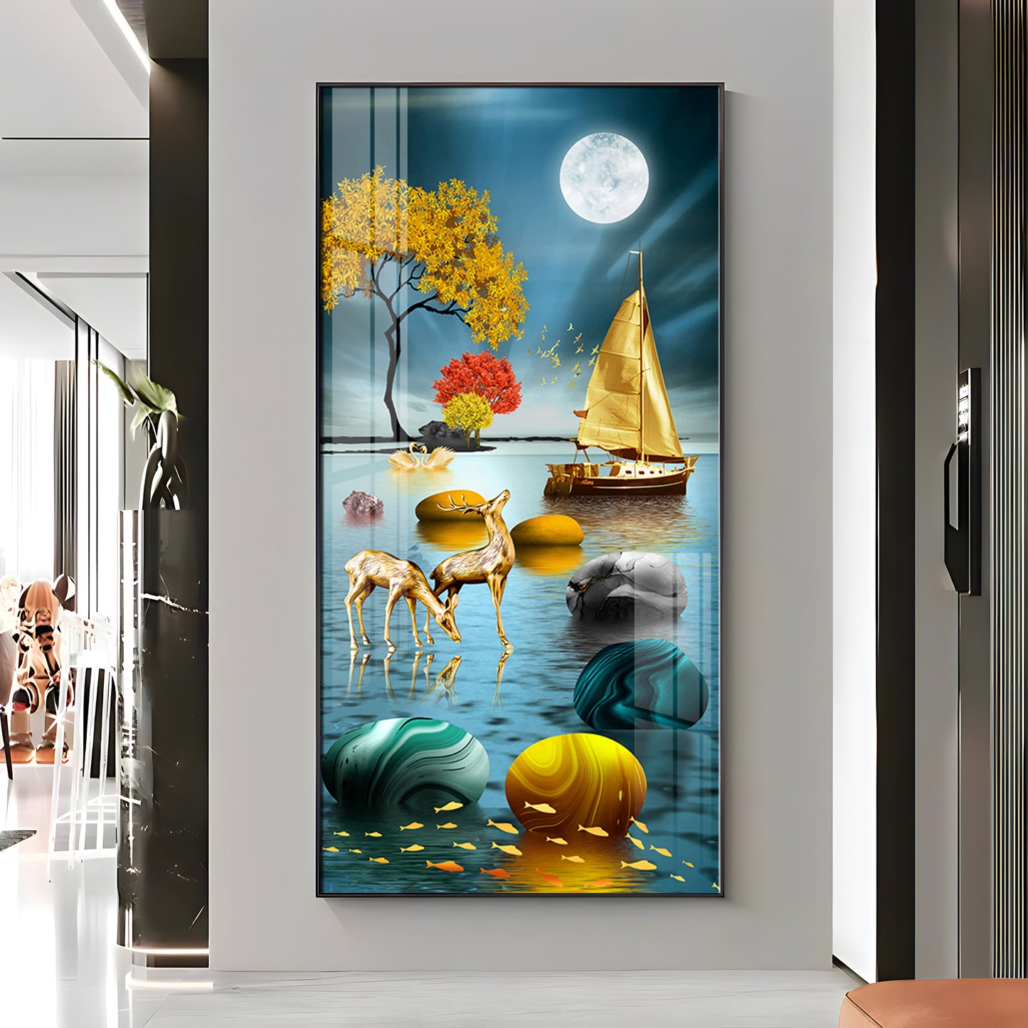 Boat and Deer Glass Finish Vertical Wall Art