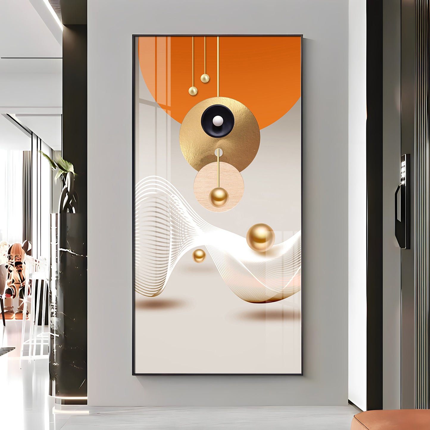 Golden Circle Geometry Glass Finish Vertical Wall Art