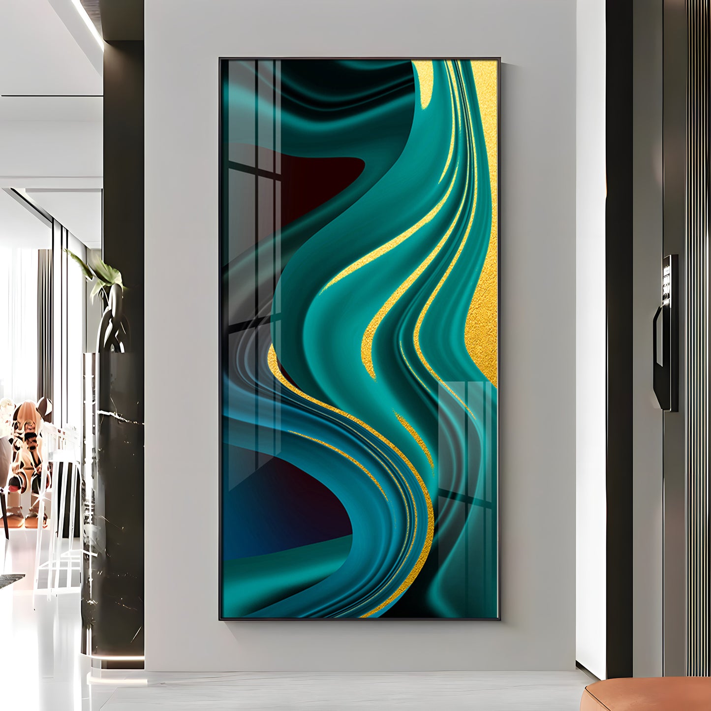 Green Abstract Art Glass Finish Vertical Wall Art