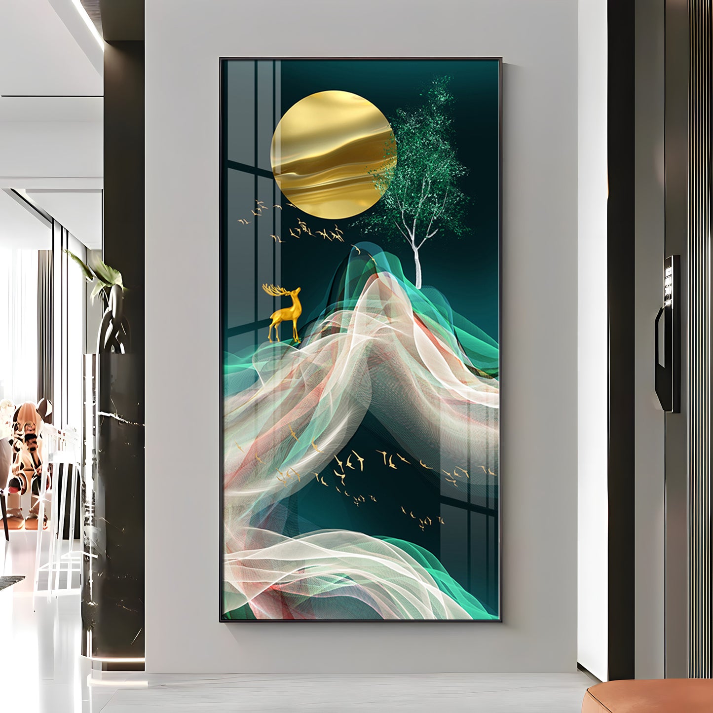 Deer with Golden Moon Glass Finish Vertical Wall Art