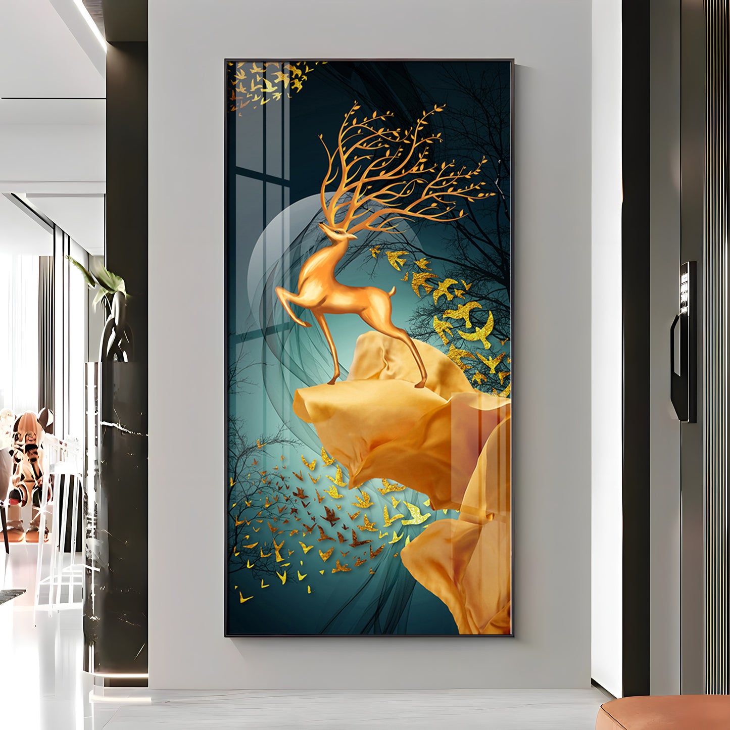 Golden Deer Jumping Glass Finish Vertical Wall Art