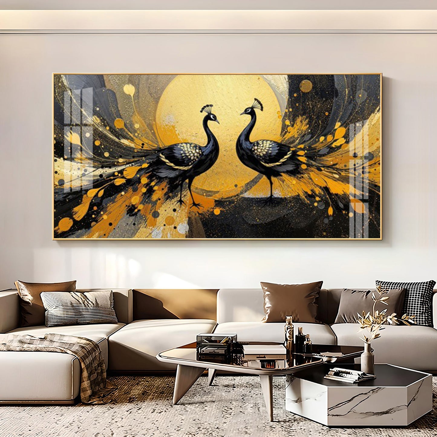 Abstract Two Peacock Looking Each Other Glass Finish Horizontal Wall Art