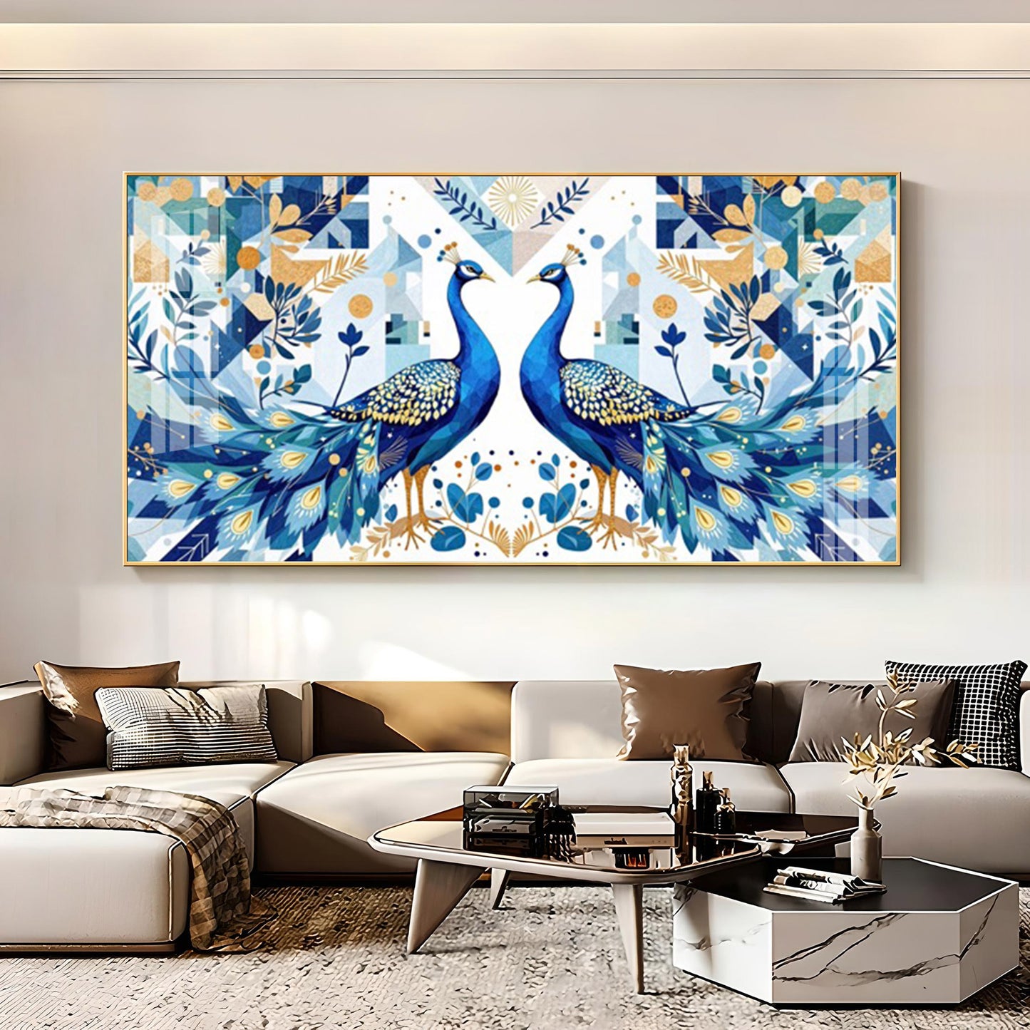 Two Peacock Looking Each Other Glass Finish Horizontal Wall Art
