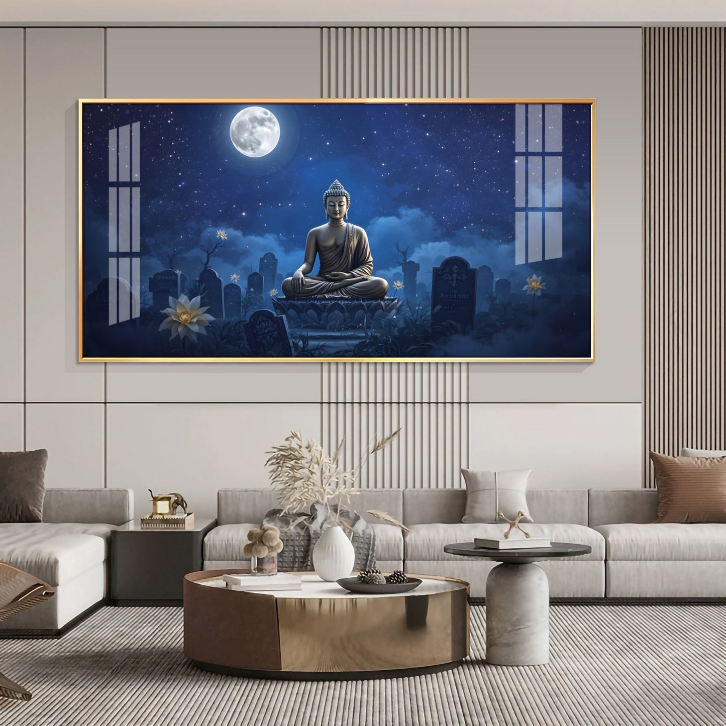 Buddha In Moonlight Glass Finish Horizontal Wall Art