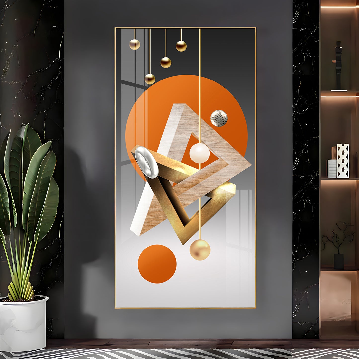 Triangular Geometry Glass Finish Vertical Wall Art