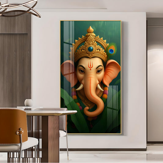 Vibrant Lord ganesha Artwork Glass Finish Vertical Wall Art