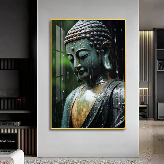 Buddha's Tranquil Embrace Glass Finish Vertical Wall Art