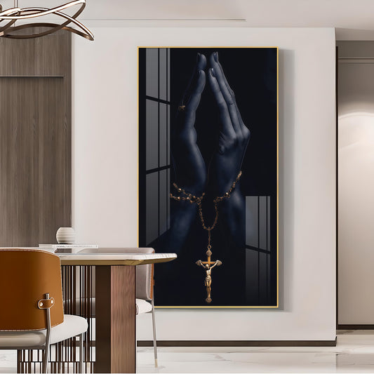 Jesus On The Cross Hand Glass Finish Vertical Wall Art
