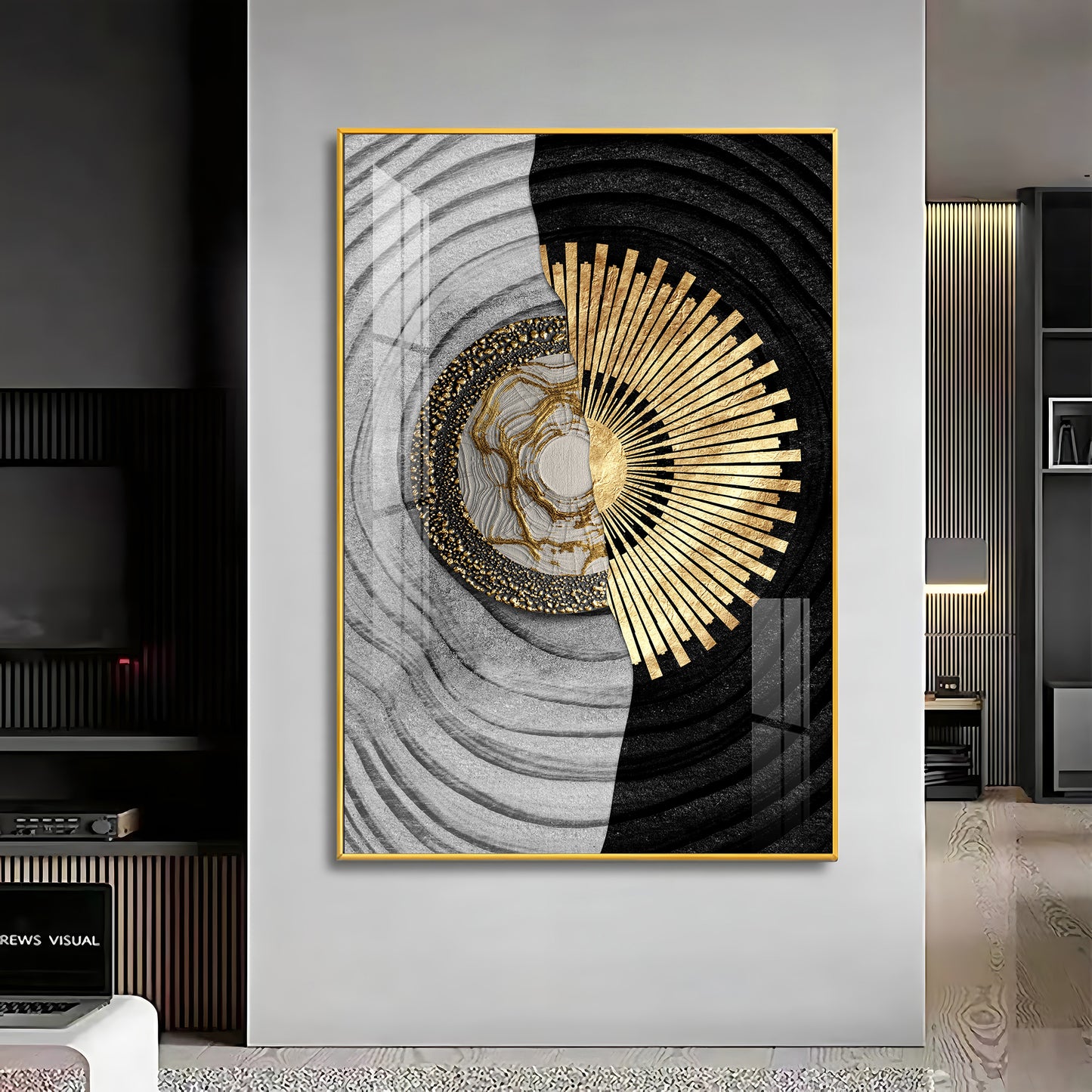 Golden Elegance Glass Finish Vertical Wall Art