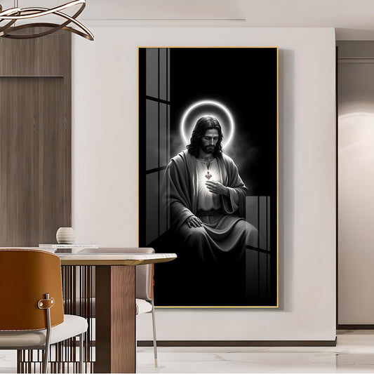 Jesus Black and White Glass Finish vertical Wall Art