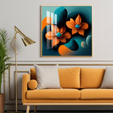 Orange and Blue Blossom Fusion Glass Finish Square Wall Art