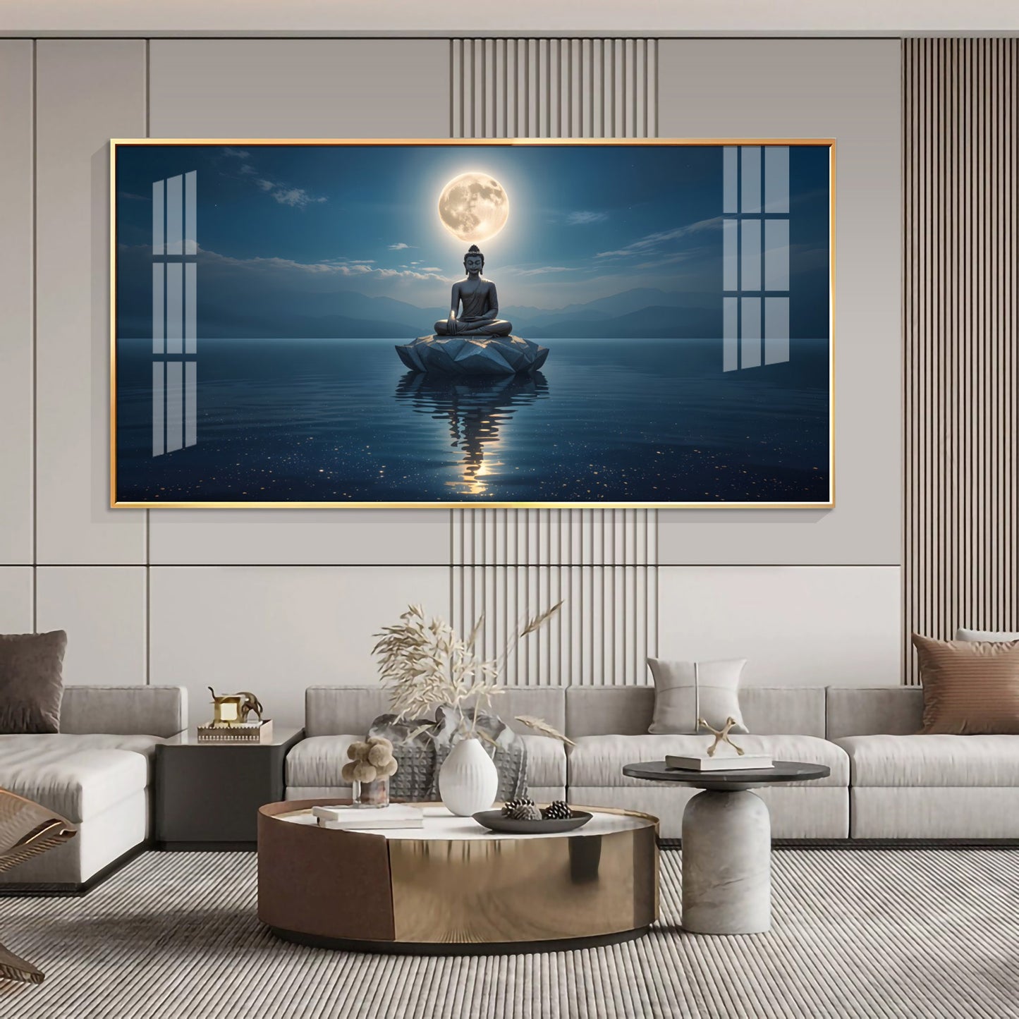 Buddha In Littoral land Glass Finish Horizontal Wall Art