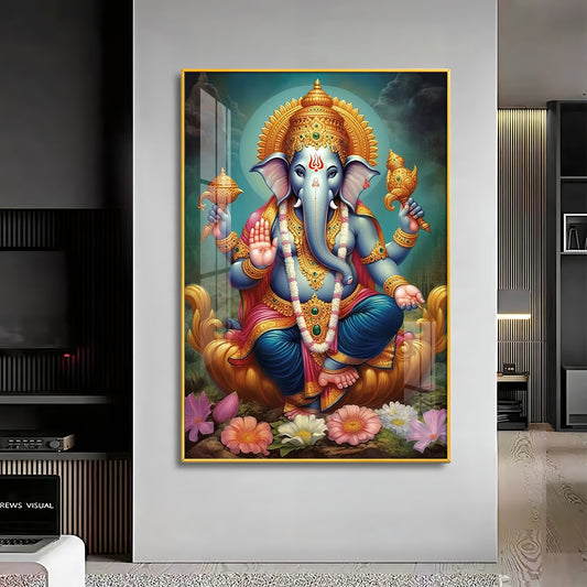 Ganesha's Blessing Glass Finish Vertical Wall Art