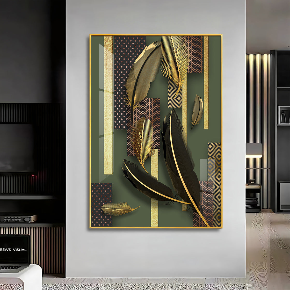 Golden Leaf Elegance Glass Finish Vertical Wall Art