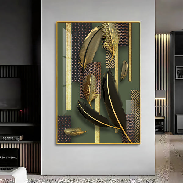 Golden Leaf Elegance Glass Finish Vertical Wall Art