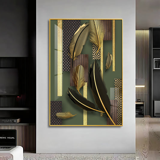 Golden Leaf Elegance Glass Finish Vertical Wall Art