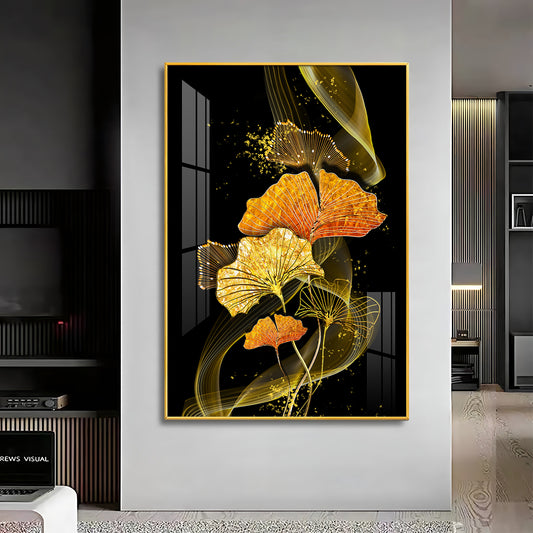 Golden Elegance Bloom Glass Finish Vertical Wall Art