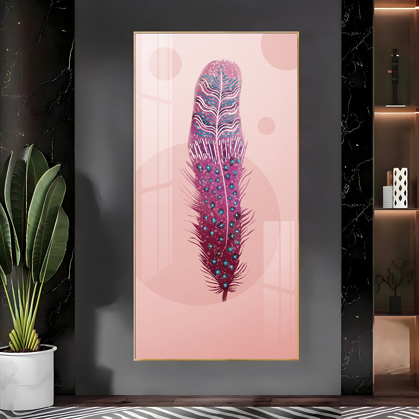 Pink Plume Glass Finish Vertical Wall Art