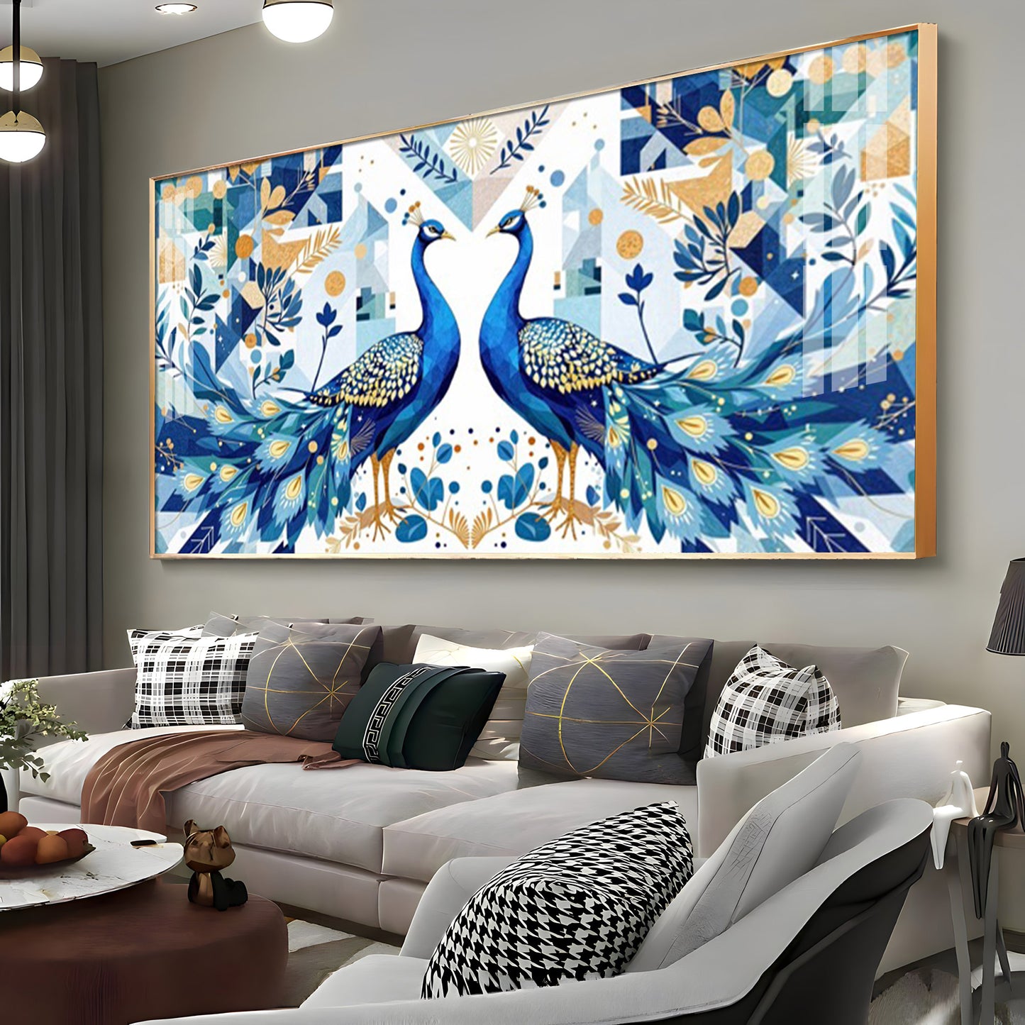 Two Peacock Looking Each Other Glass Finish Horizontal Wall Art
