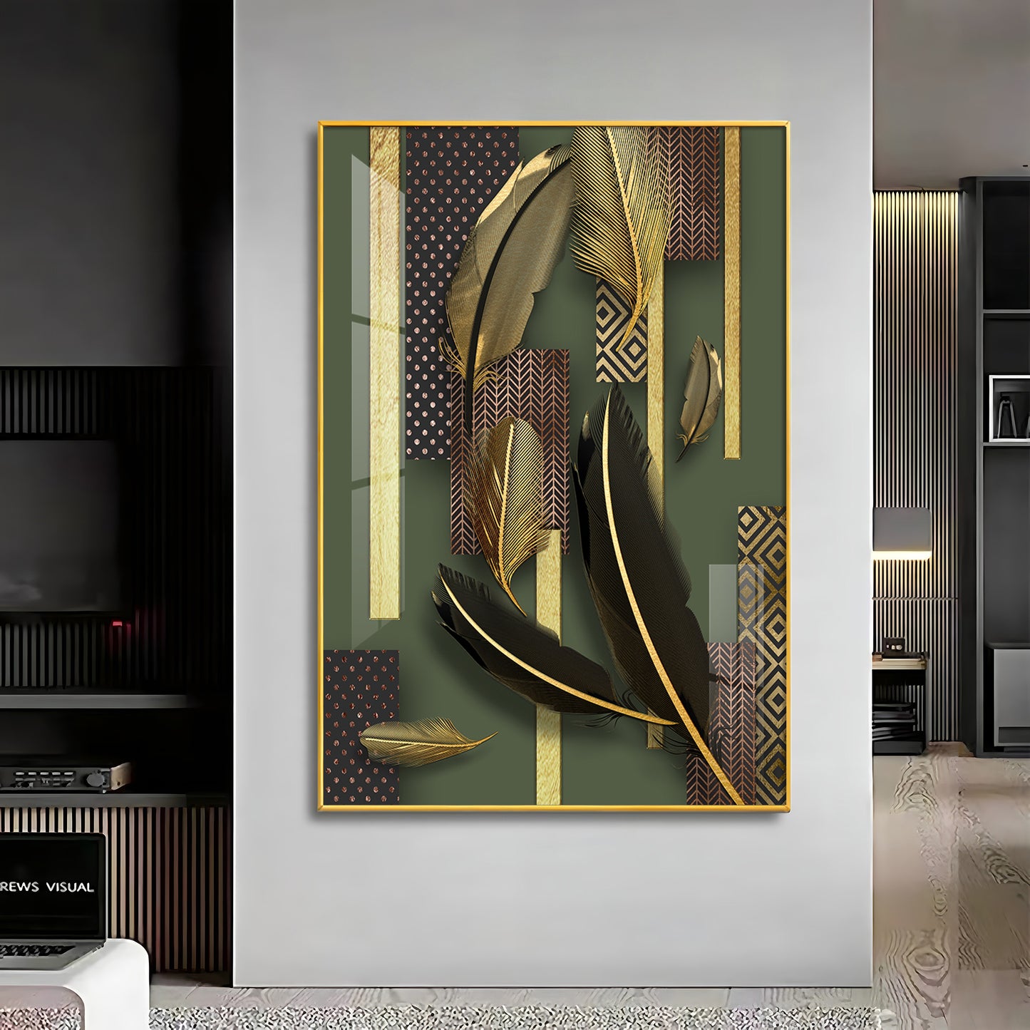 Golden Leaf Elegance Glass Finish Vertical Wall Art