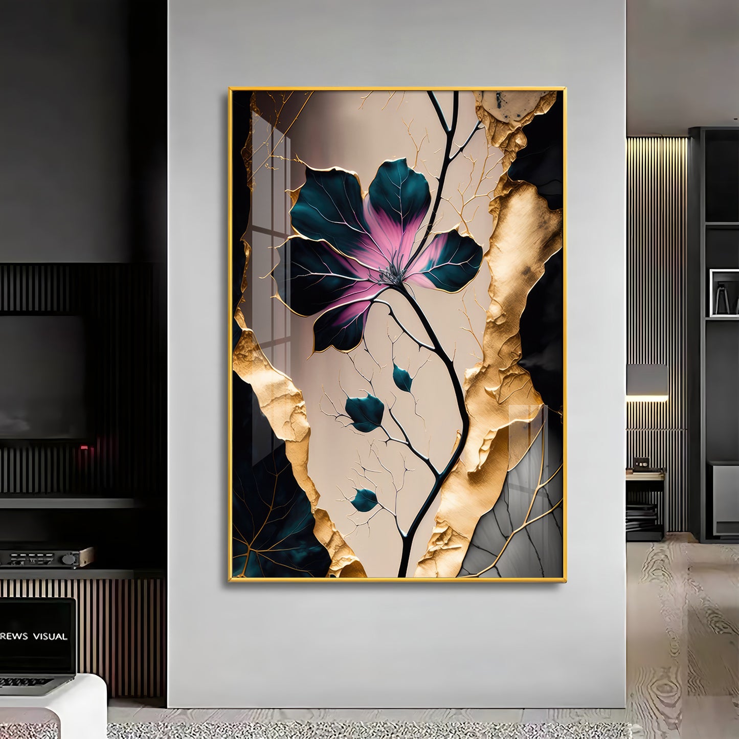 Noir Blossom Majesty Glass Finish Vertical Wall Art