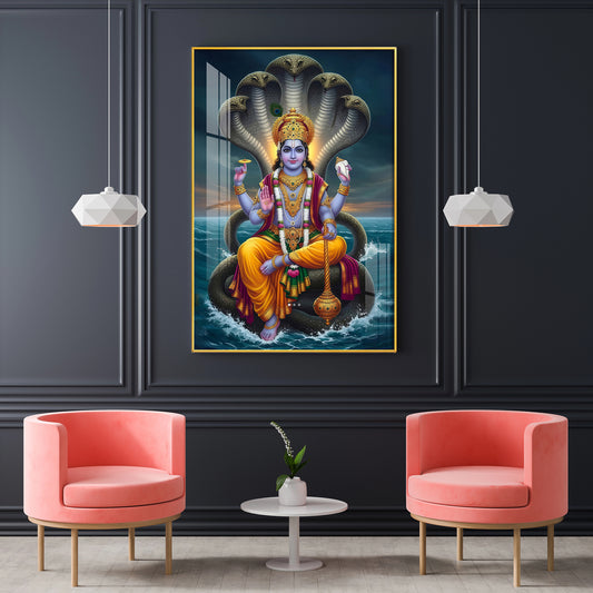 Jay Vishnu Bhagwan Glass Finish Vertical Wall Art