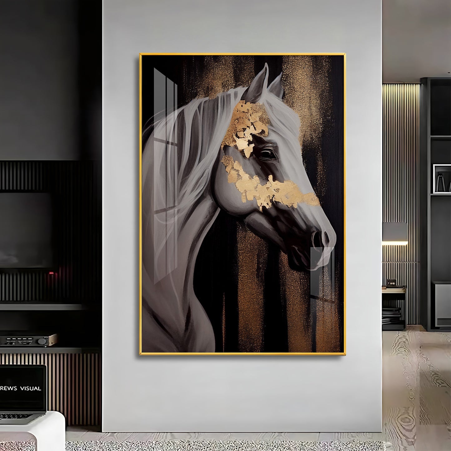 Whispers of Gold Horse Glass Finish Vertical Wall Art