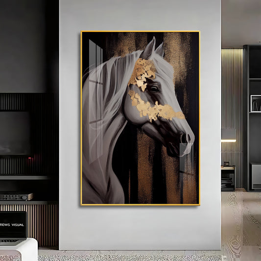Whispers of Gold Horse Glass Finish Vertical Wall Art