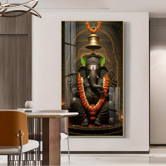 Lord Ganesh Blessing Glass Finish Vertical Wall Art