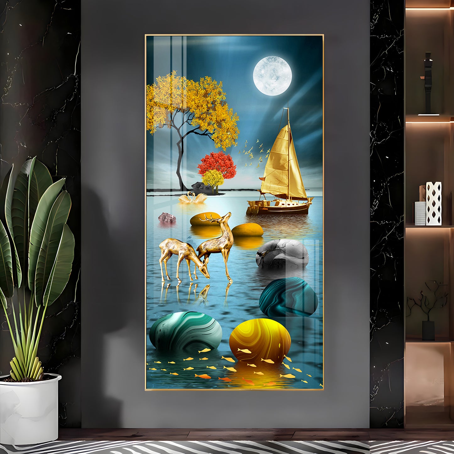 Boat and Deer Glass Finish Vertical Wall Art
