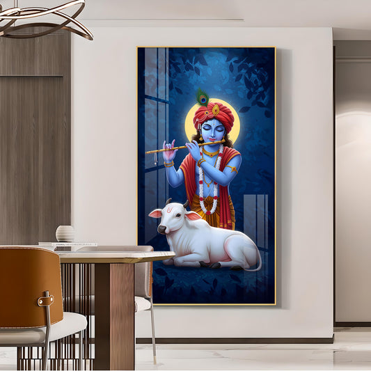 Hindu God Krishna Glass Finish Verticall Wall Art
